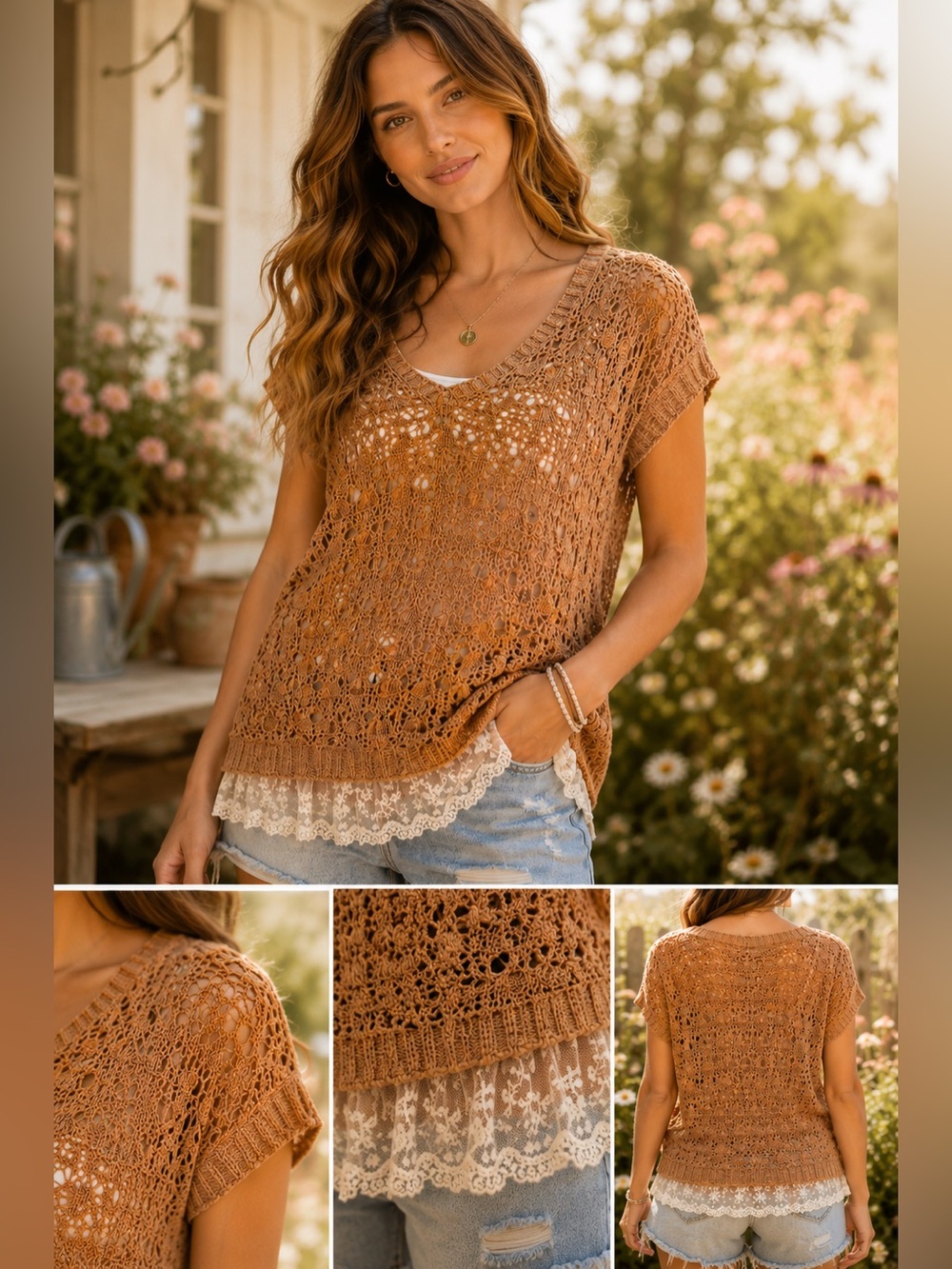 POL Women’s Crochet Short Sleeve Pale Orange Shirt Size S NWOT
